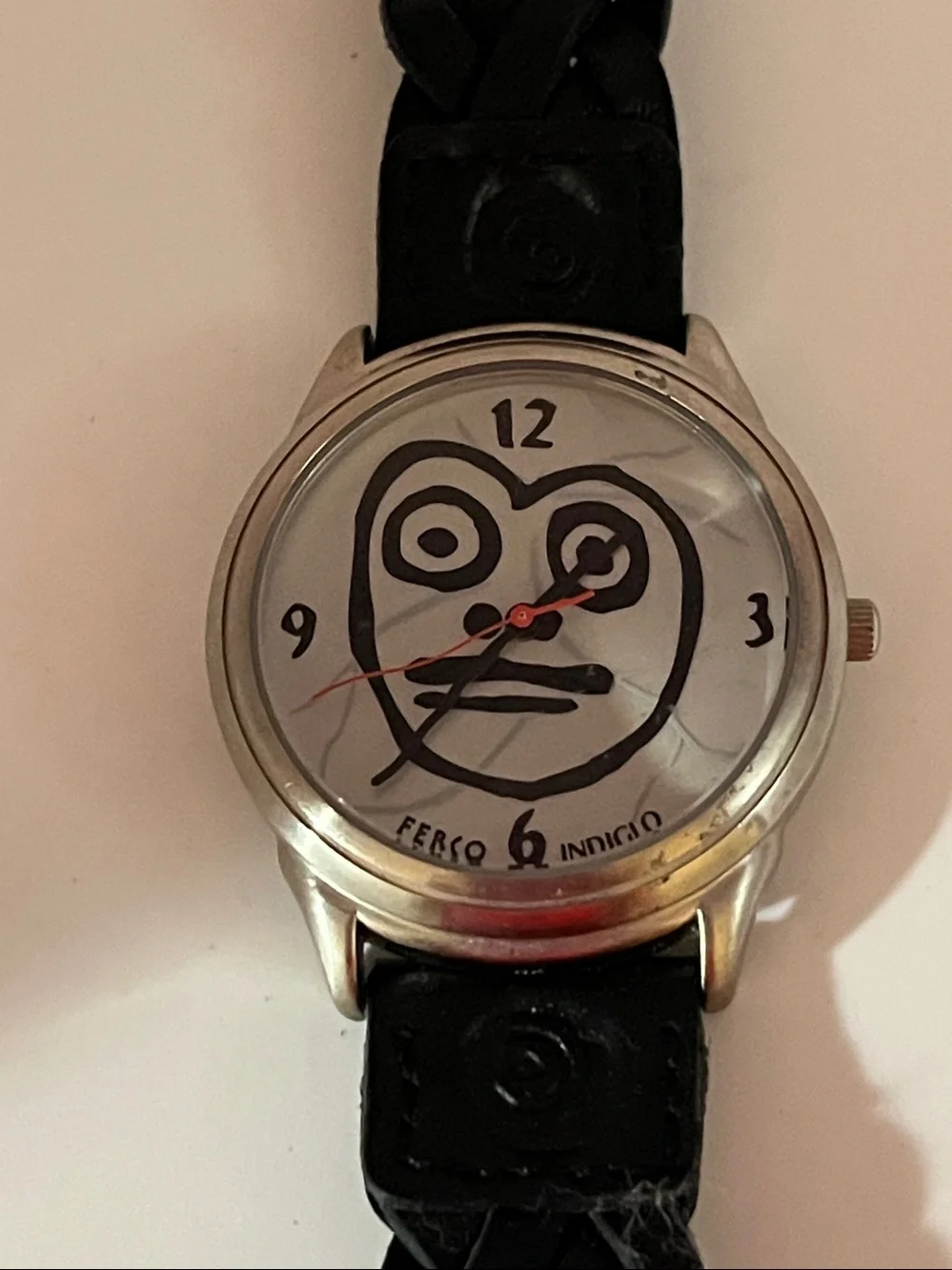 Ferco Indiglo Black Braided Leather Strap Watch with Silver Case and White Dial